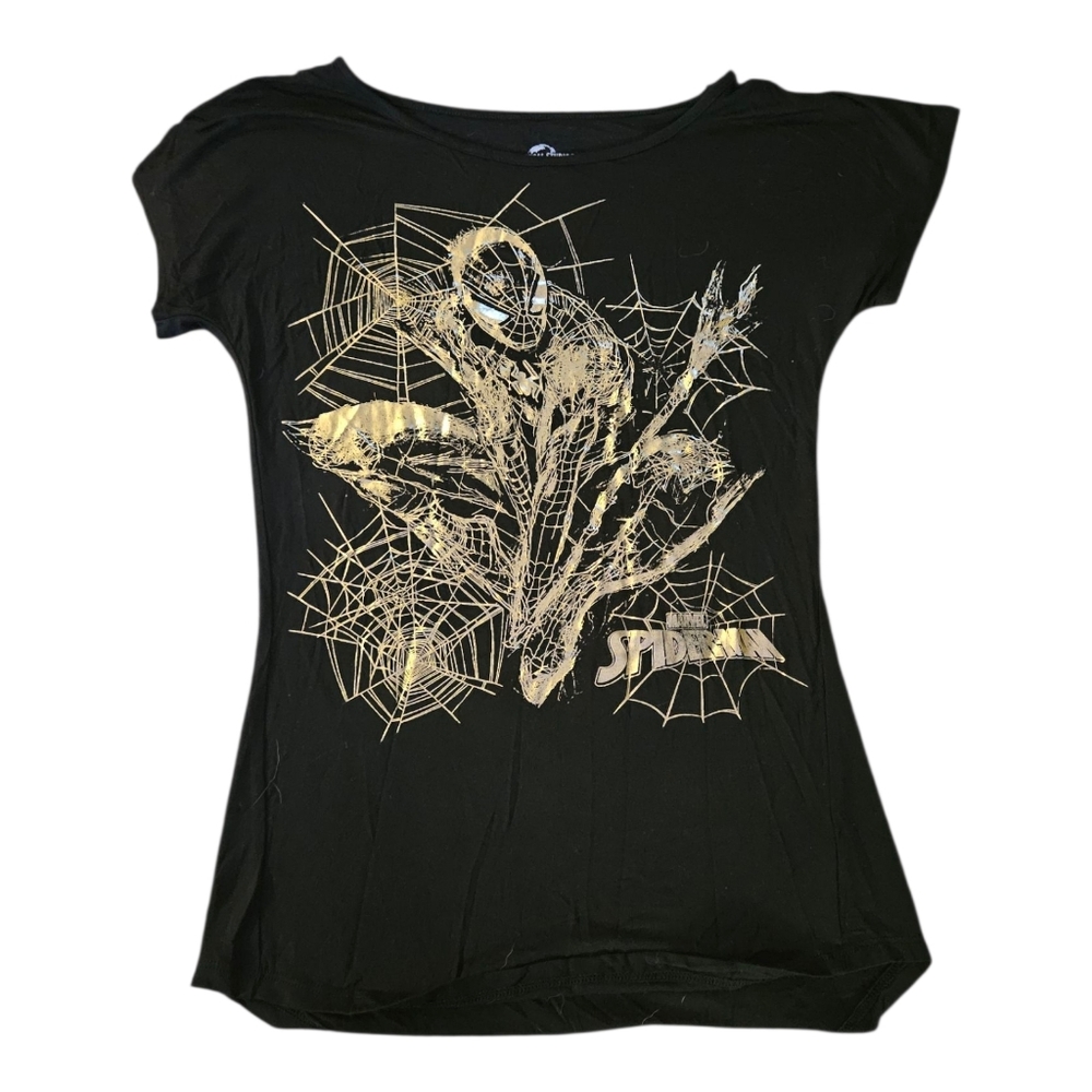 Universal Studios Black Spider-Man Shirt Women's Size S Metallic Gold Graphic
